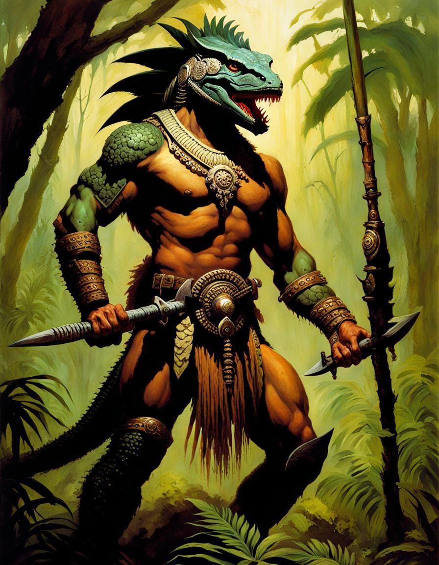 Tribal Lizardman Warrior in Ancient Jungle