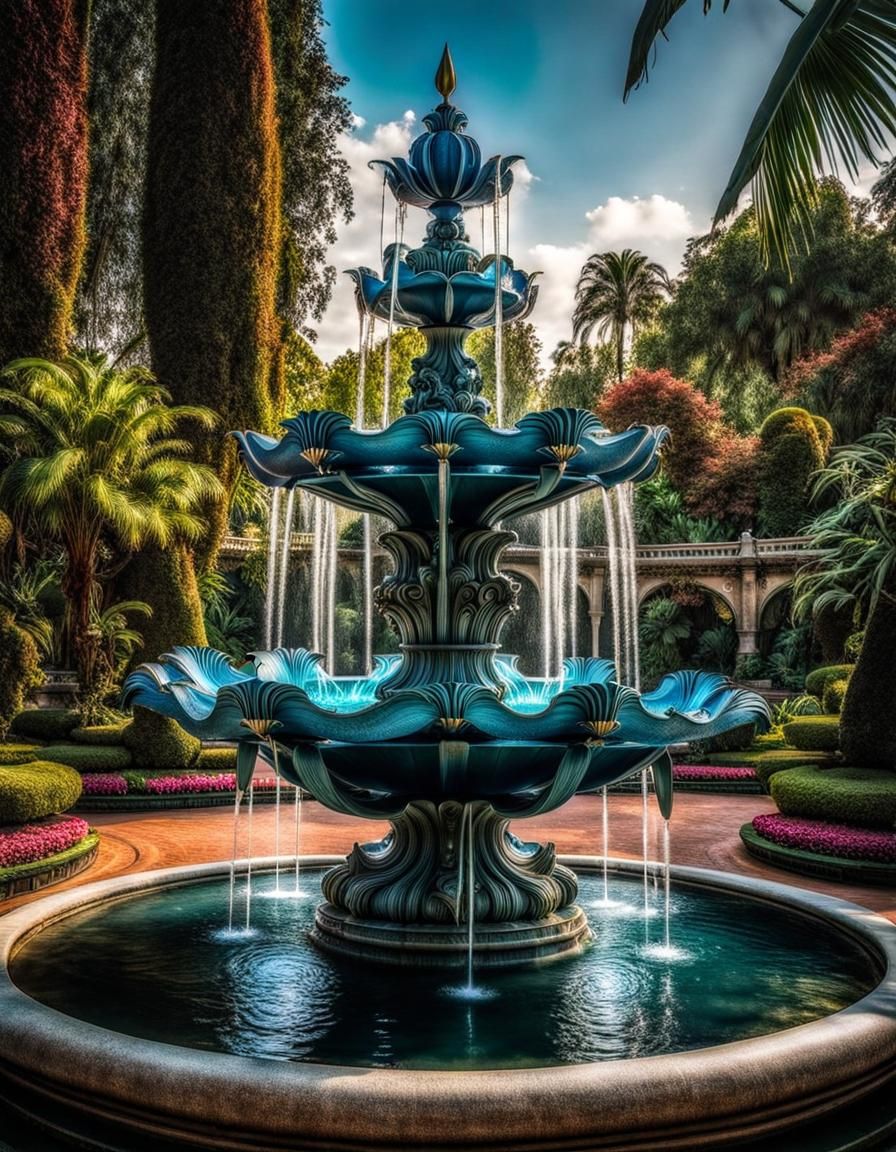 Majestic Lily Fountain in Dream Fantasy Garden