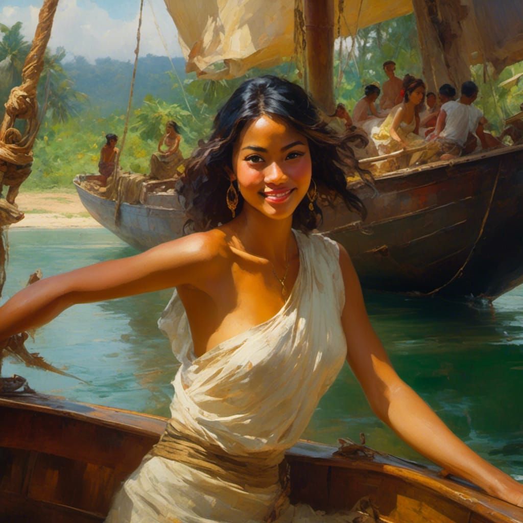 Balinese Woman on Tropical River Boat: Impressionistic Digit...