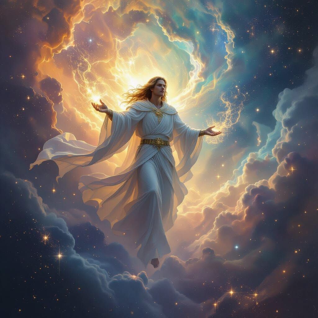 Celestial Figure Ascends Cosmic Nebula in Digital Painting