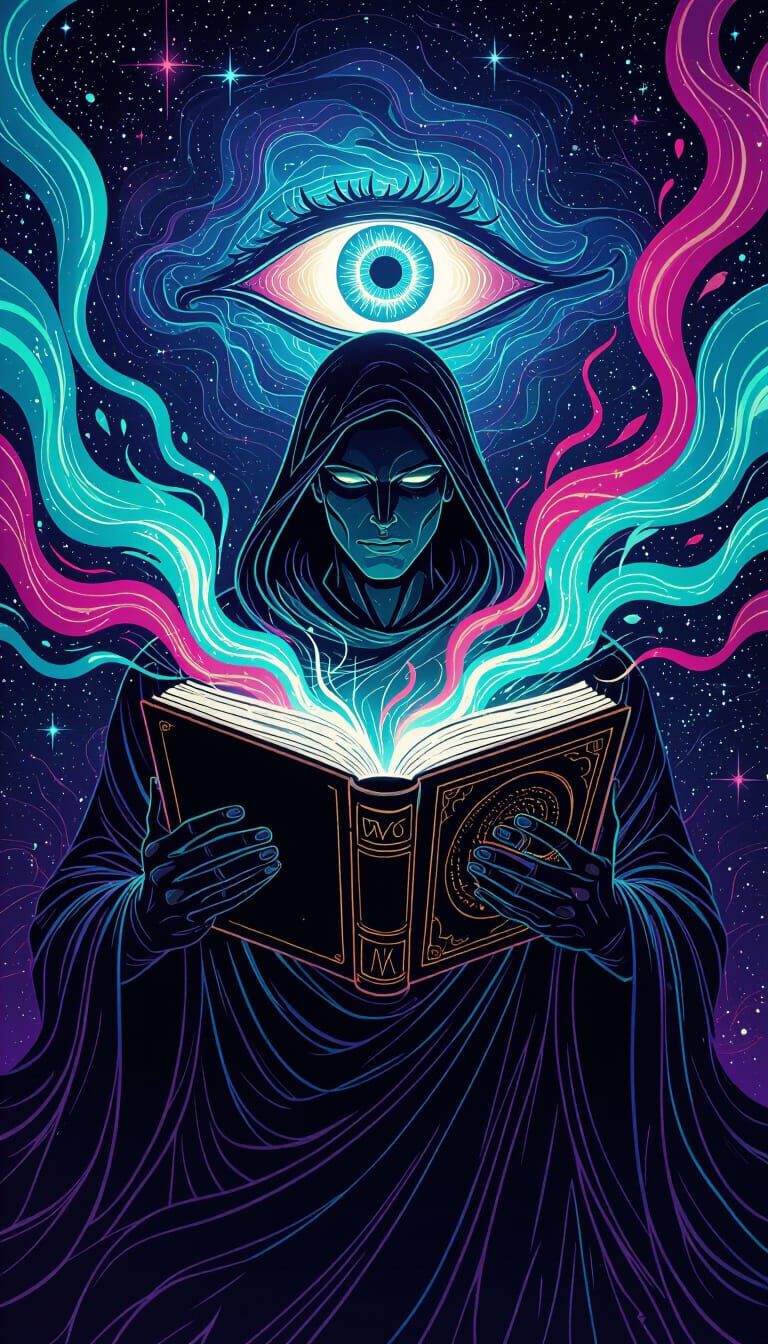 Cosmic Being Opens Glowing Book, Neon Waves Emerge