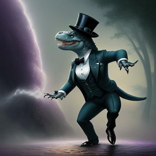 T-Rex Tap Dancing in Top Hat, Kinkade Style
