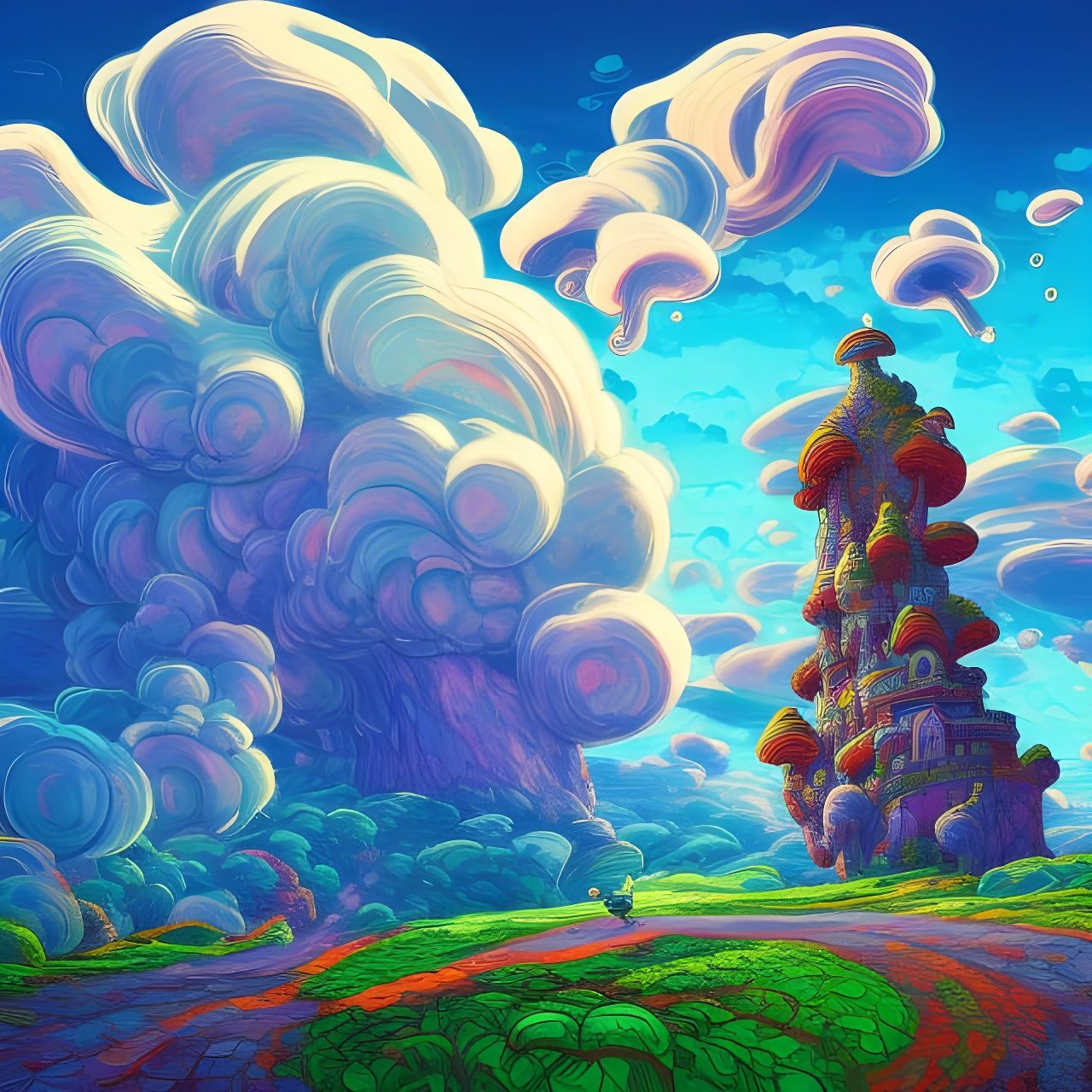 Whimsical Cartoon Castle Landscape in Japanese Art Style