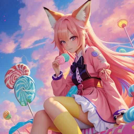 Girl with Fox Ears in Candy Store, Manga Style