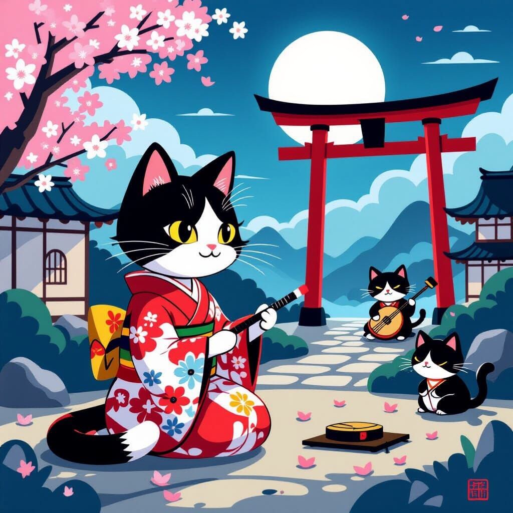 Manx Geisha Cat in Japanese Garden, 2D Cartoon