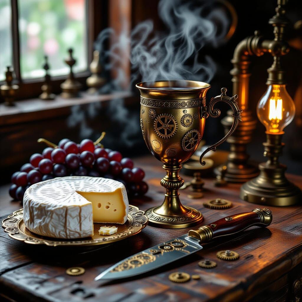 Dreamy Steampunk Still Life with Gears and Glowing Drink
