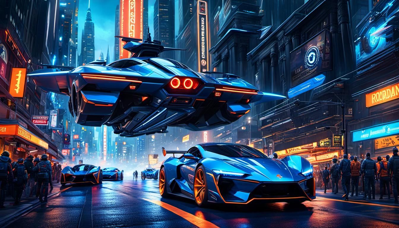 Relegorian Military Spaceship Soars Above the Vibrant Nightlife of Danwark City