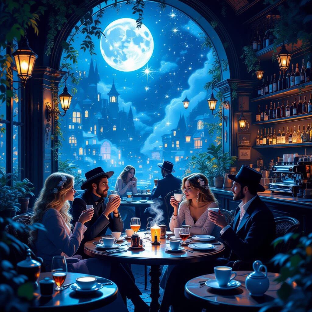 Magical Cafe Interior with Floating Patrons and Ethereal Moo...