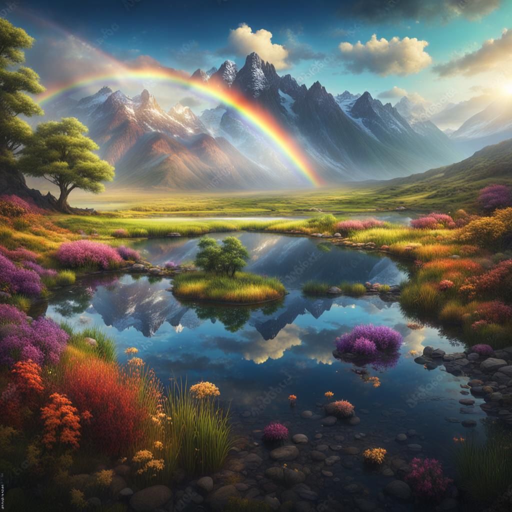 Picturesque Pond Scene with Rainbow and Mountains