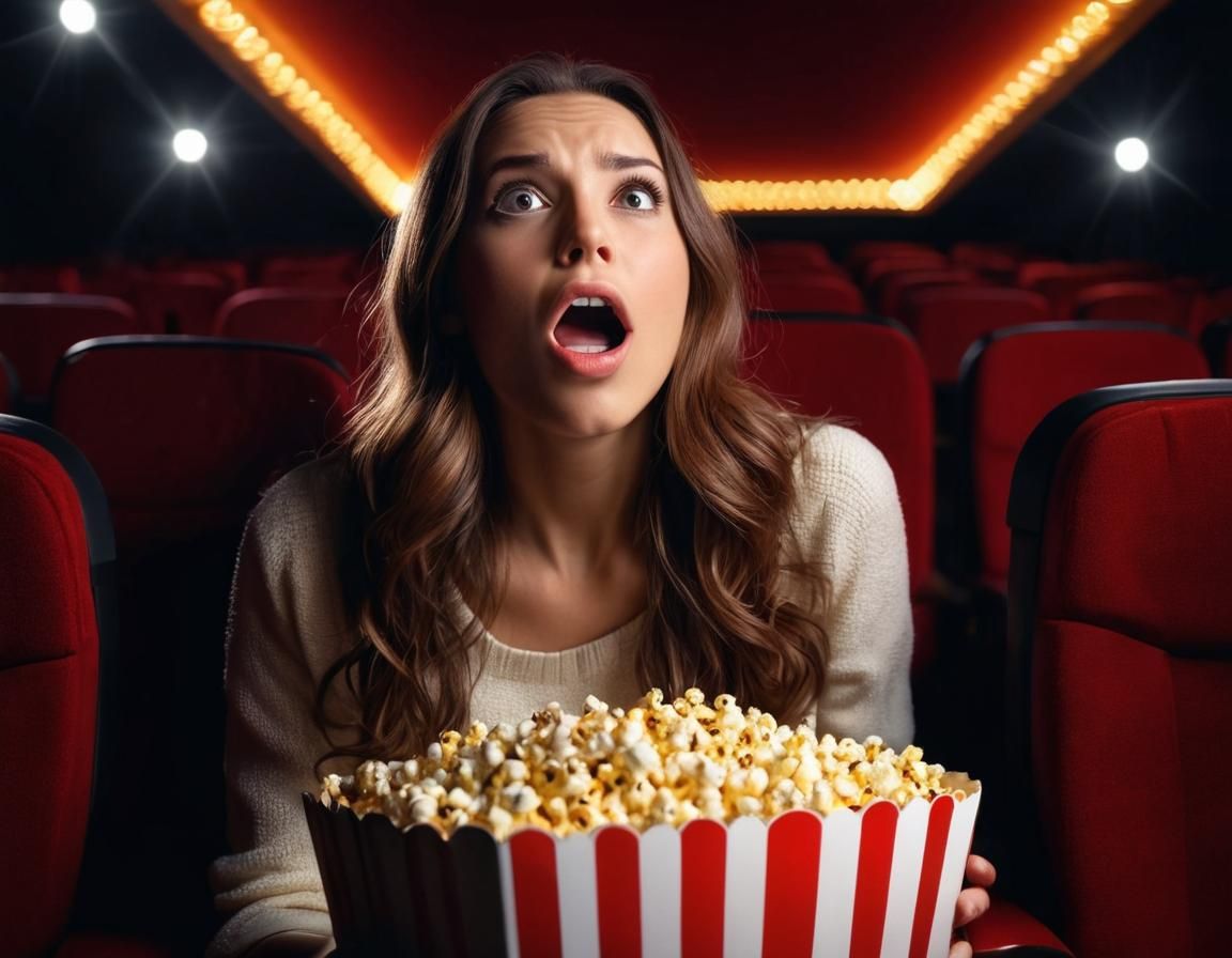 Young Woman on the Edge of Her Seat in a Cinematic Masterpie...