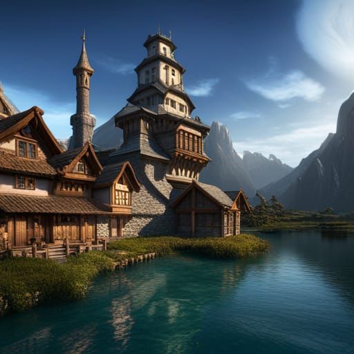 Elven City on Mountain Lake in Hyperrealism