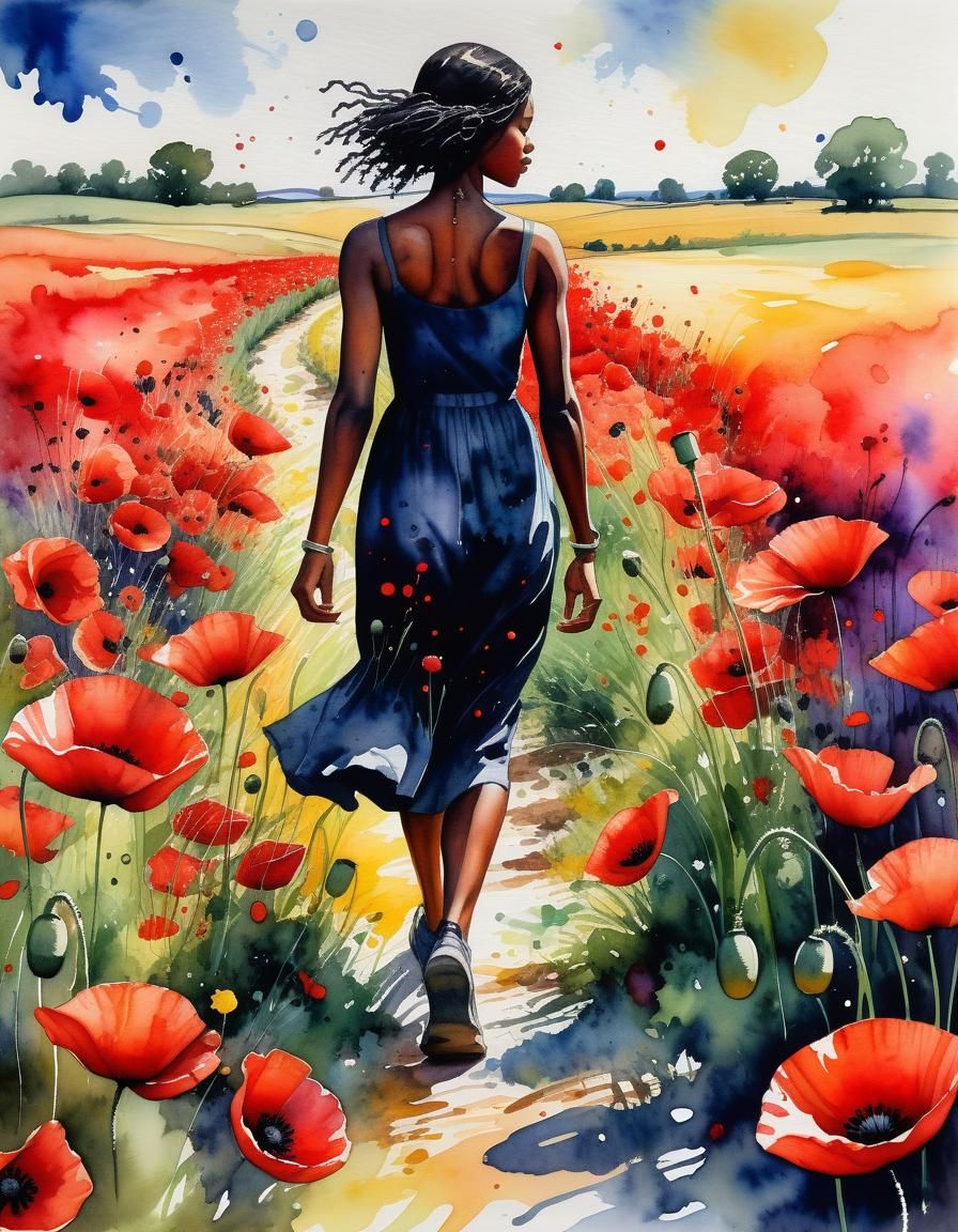 Poppy Field Watercolor with Woman in Full Bloom