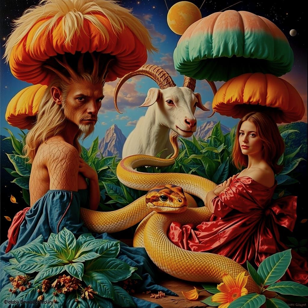 Mythical Chimera of Lion, Goat, Snake with Teal Hair and Yel...