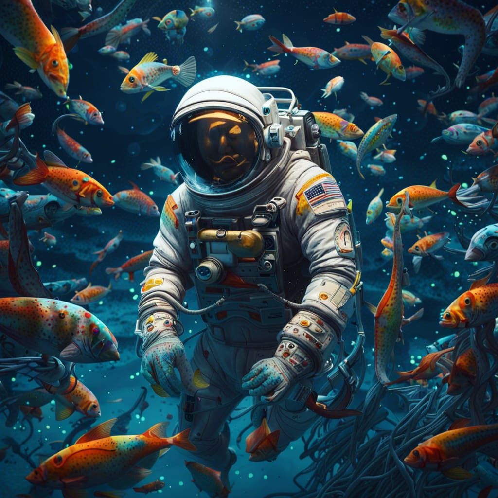 Astronaut Underwater with Glowing Fish: Digital Painting