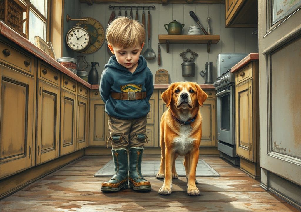 Toddler and Dog in Kitchen, Detailed Art