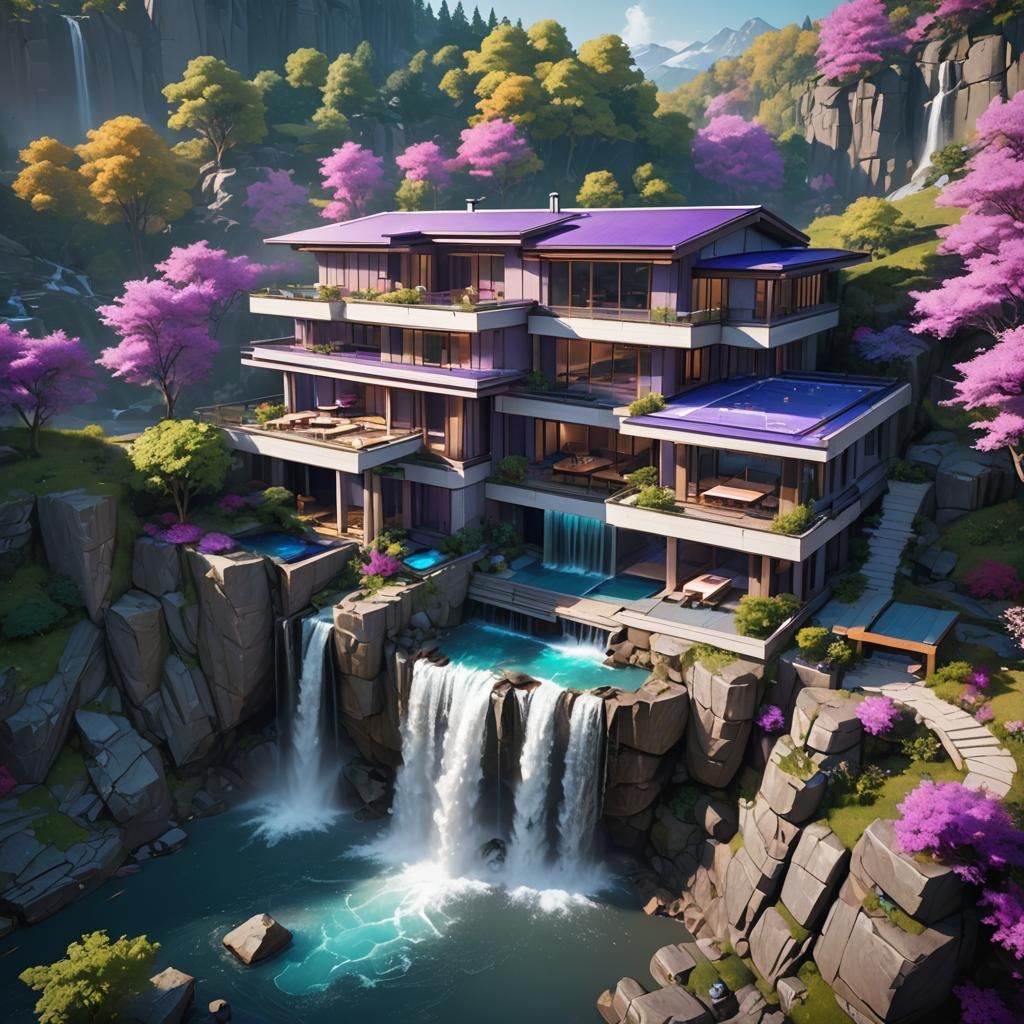 Modern House with Waterfall in Splash Art Style