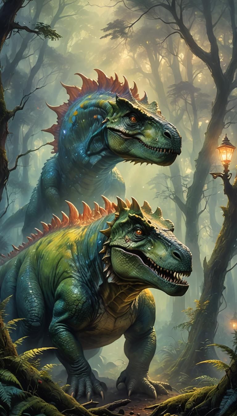 Woman's Dinosaur Transformation in Ethereal Forest