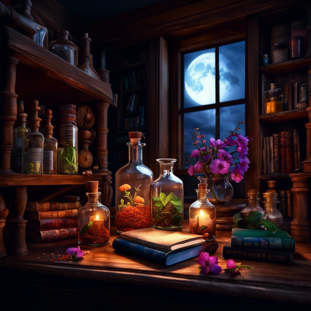 Alchemist's Desk with Colorful Potions in Cel-Shading