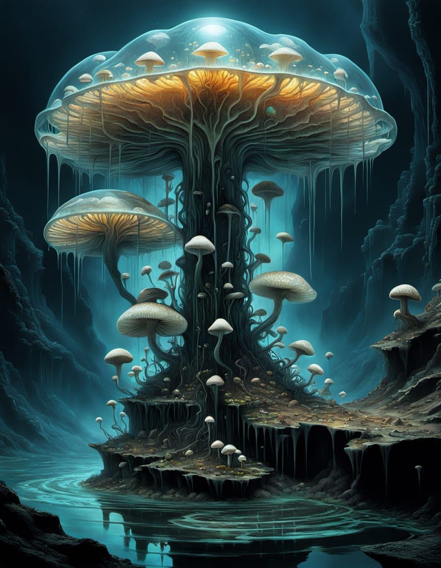 Biomechanical Mushroom Bloom on Obsidian Island