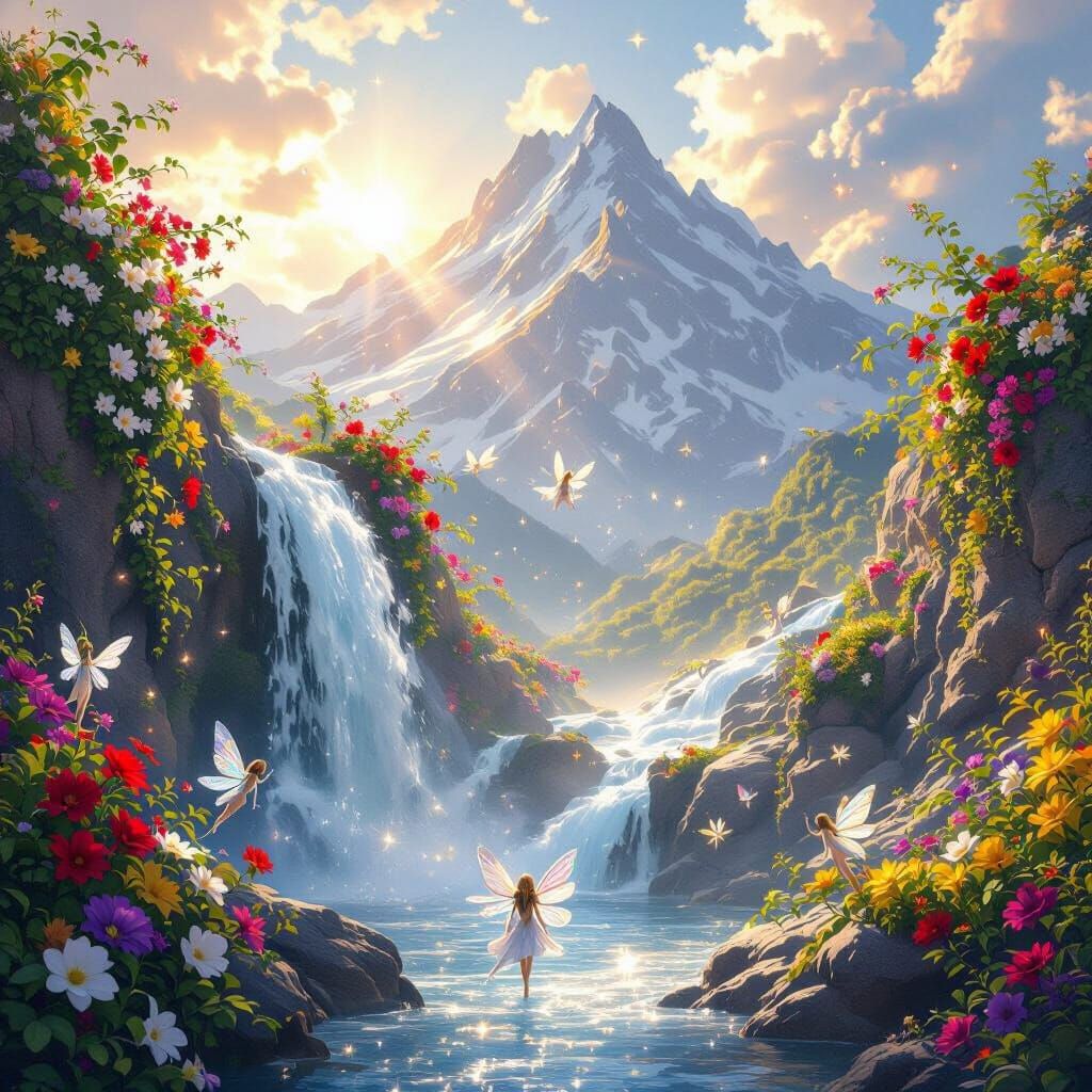 Ethereal Mountain Waterfall with Fairies, Fantasy Cinematic