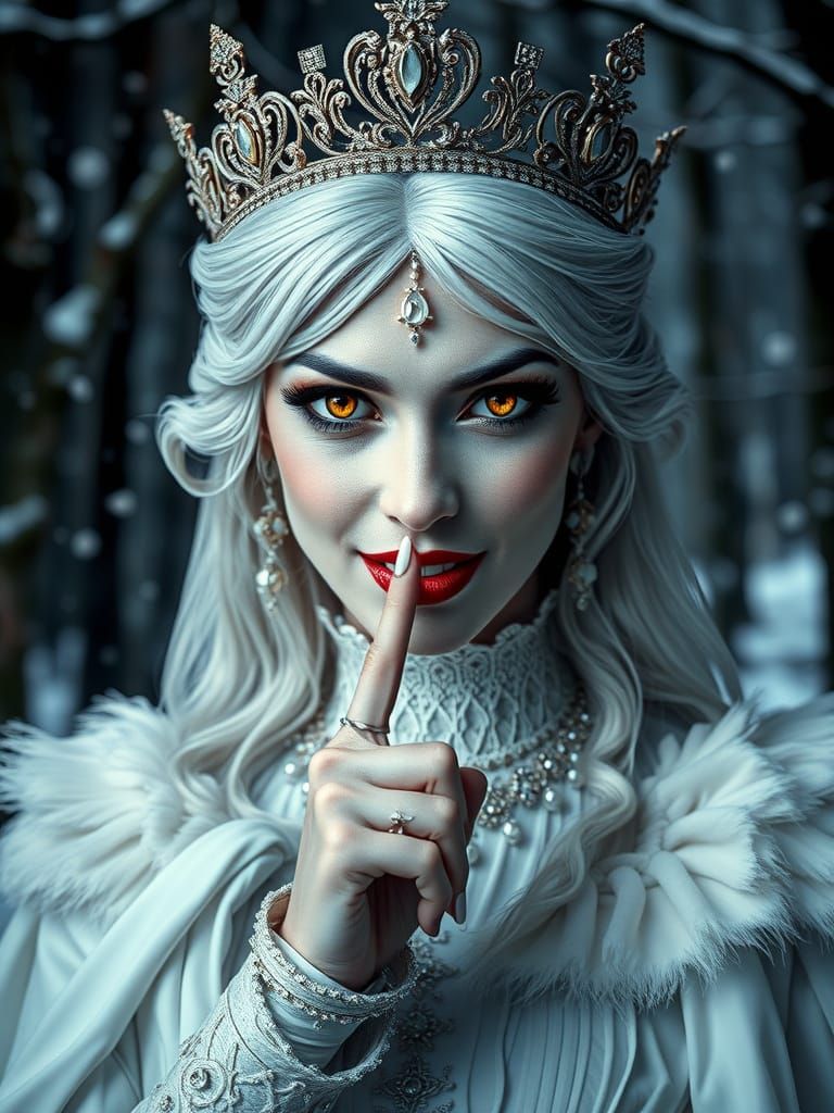 Regal Vampire Queen in Winter Forest, Evil Smile