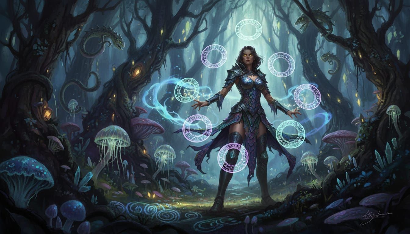 Mage in Bioluminescent Forest with Ethereal Chakram