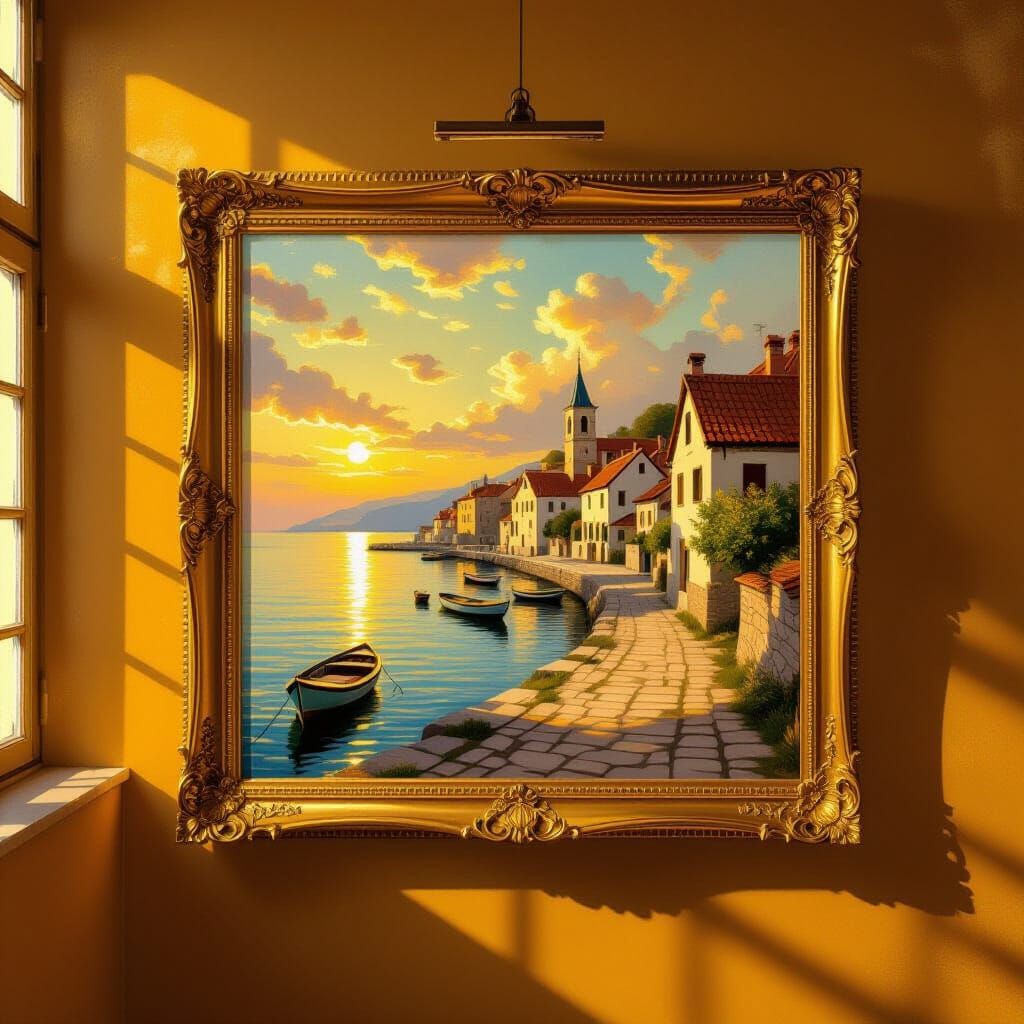 Baroque Impressionist Painting of Seaside Village in Golden ...