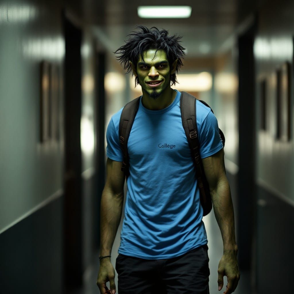 Handsome Young Orc Walks College Hallway in Casual Style