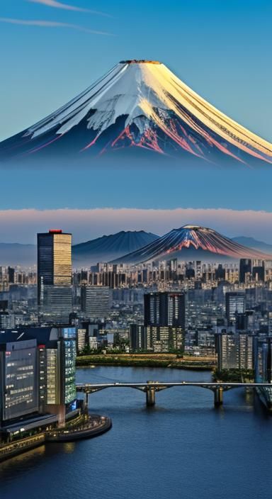 Blue Nissan Skyline in Tokyo with Mount Fuji