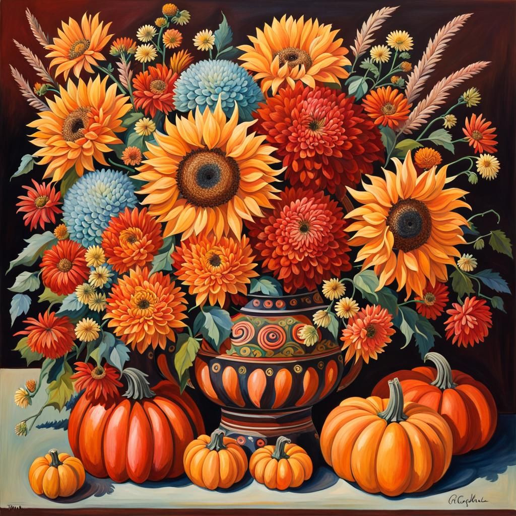 Autumn Flowers and Pumpkins in Gouache Style