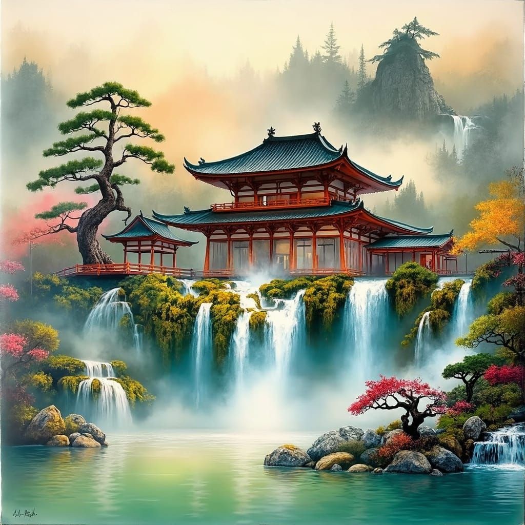 Surreal Japanese Monastery Bathed in Vibrant Hues