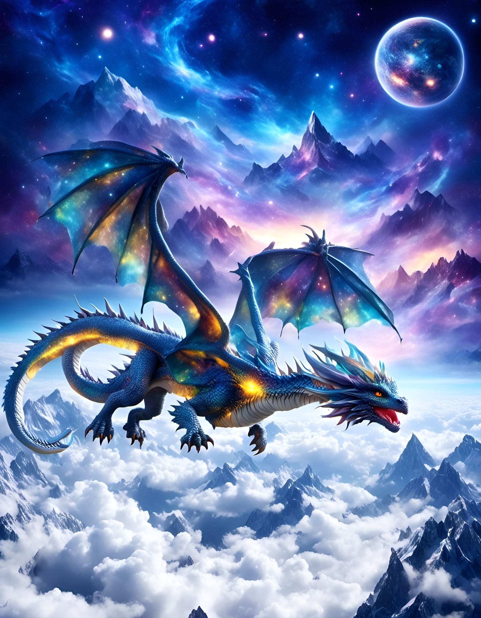Photorealistic Dragon Flying Above Mountains in Galaxy