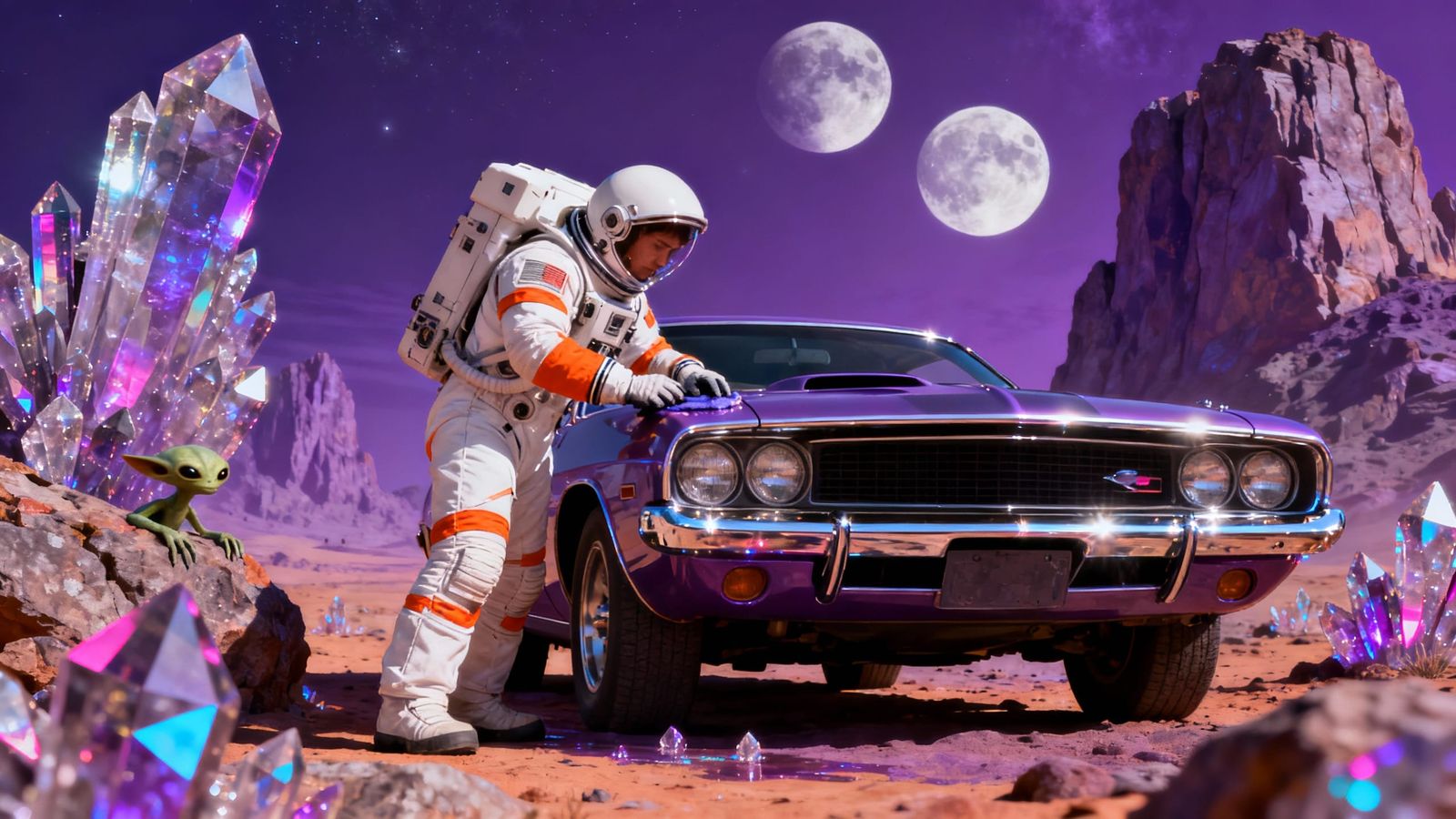Astronaut Polishes Muscle Car on Alien Planet