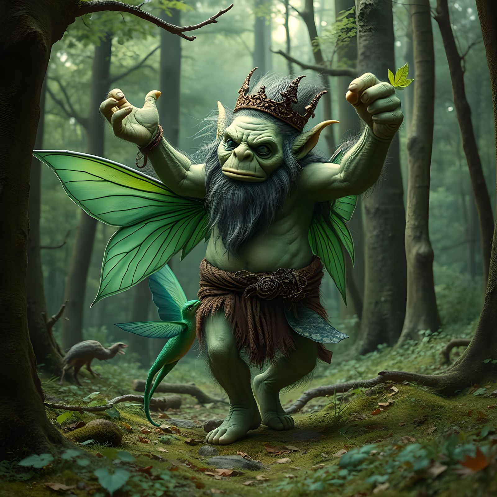 Troll and Fairy Dance in Enchanted Forest