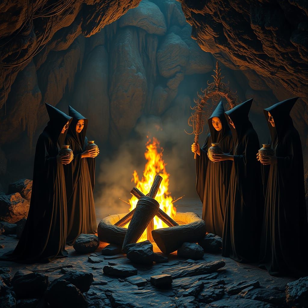 Witches Gathered Around Bonfire in Mystical Cave