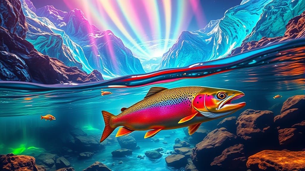 Rainbow Trout in Crystalline Landscape, Digital Art
