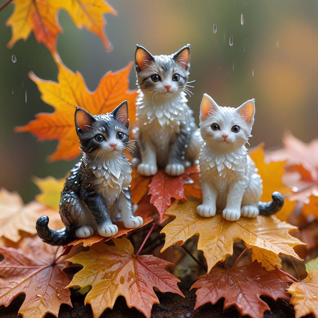 Glassblown Kittens on Autumn Leaf in Morning Rain