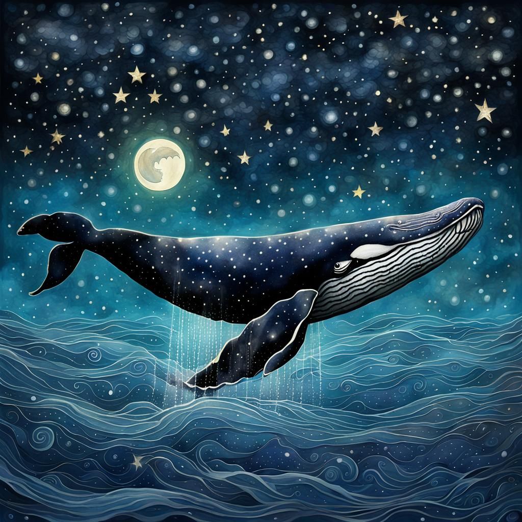 Whale Swimming in Sea and Sky: Watercolor Art