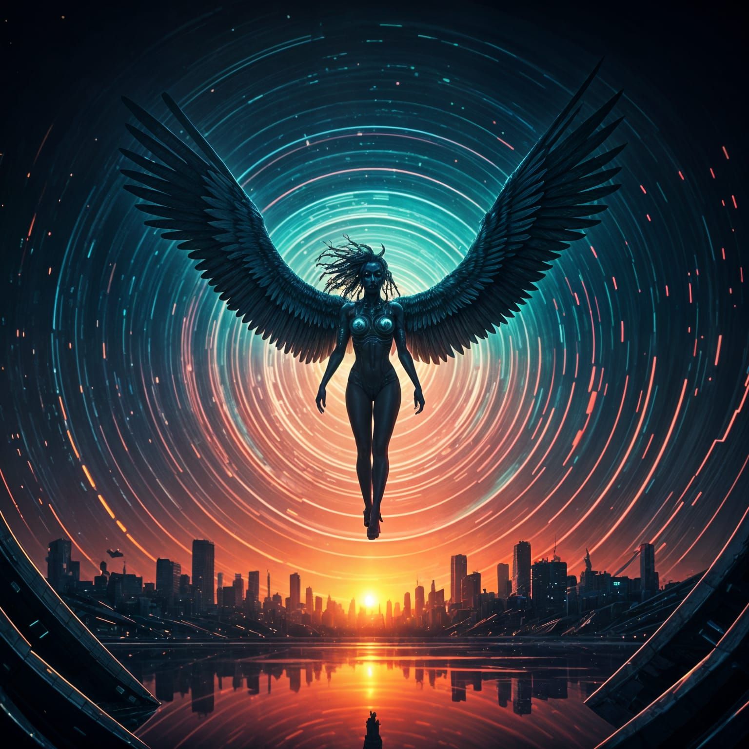 Winged Cybernetic Goddess Emerges from Digital Vortex