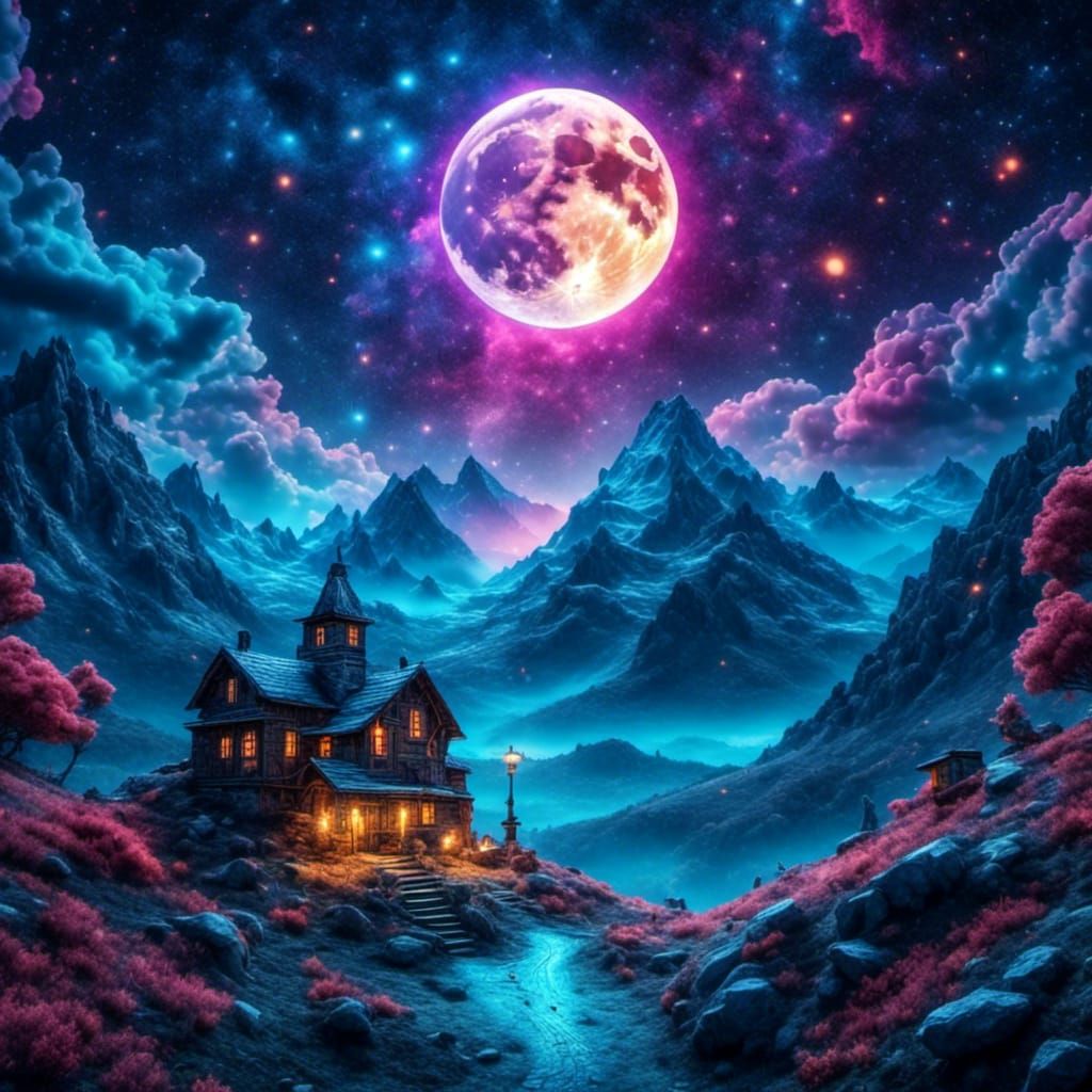 Holographic Astral Cosmic Moonlit Night