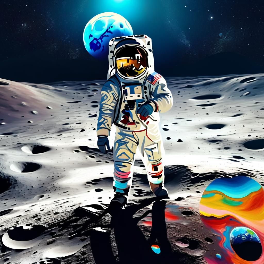 Astronaut on Moon Gazing at Earth, Surreal Oil Painting