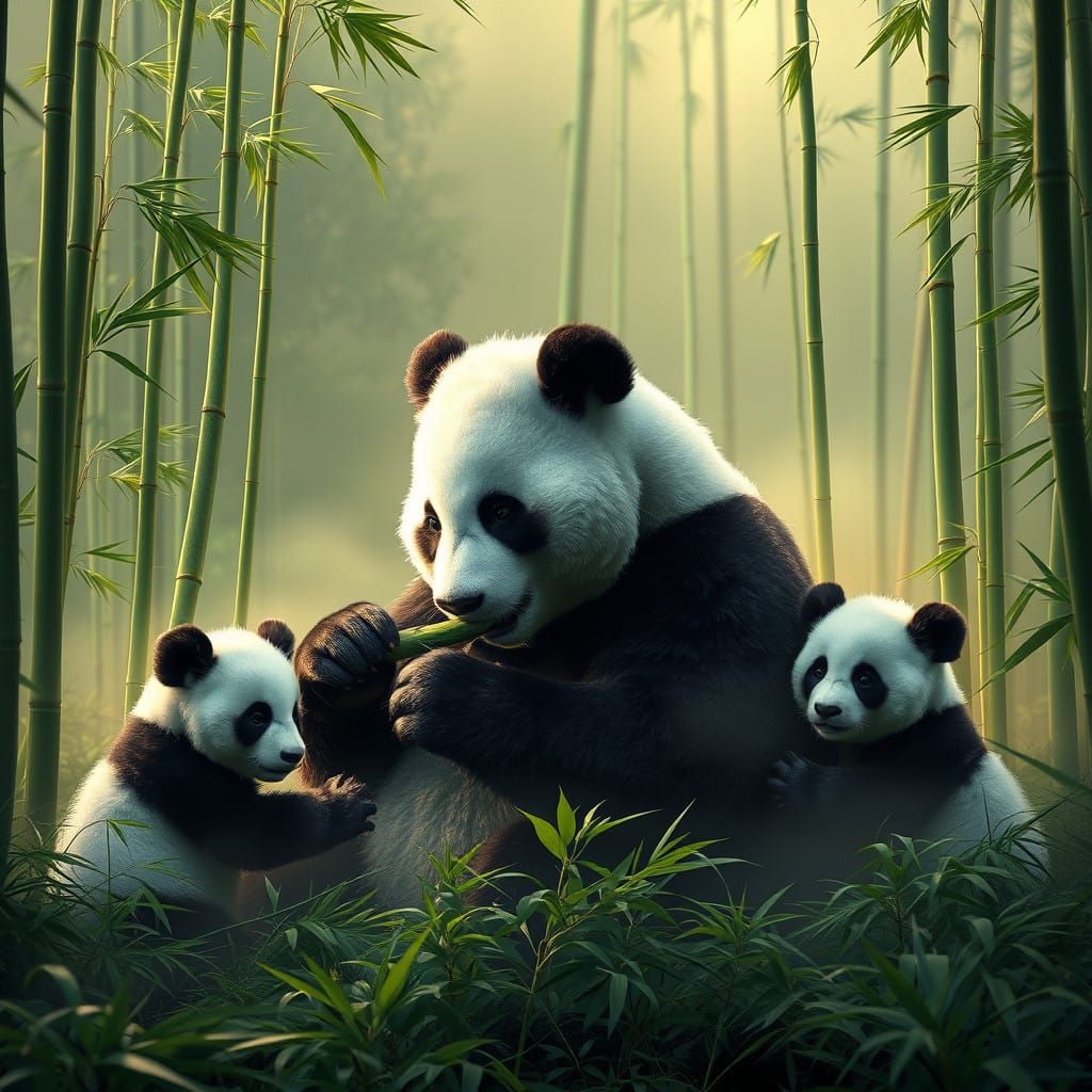 Majestic Panda Family in Lush Bamboo Forest