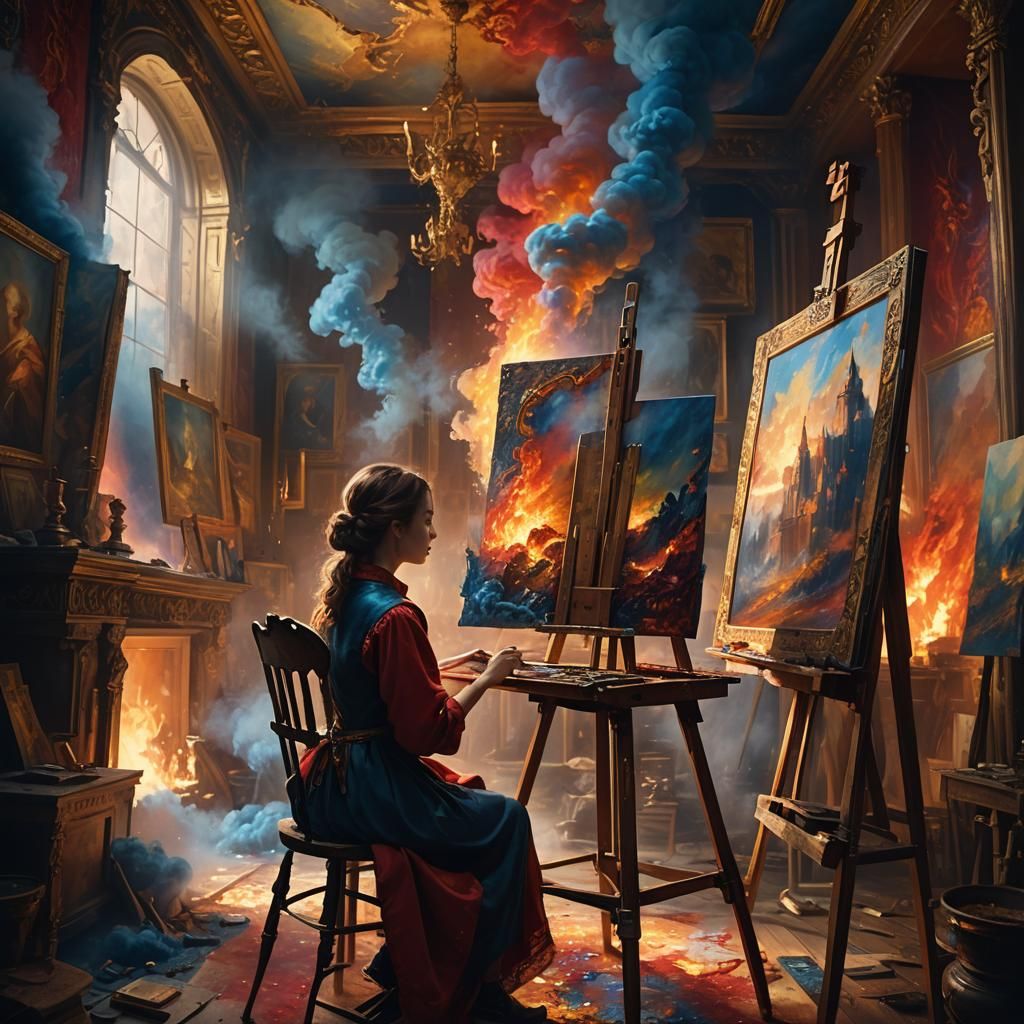 Woman Painting a Fantasy Landscape: Surreal Concept Art