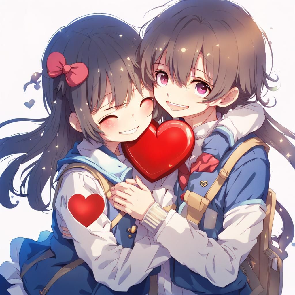 Smiling Heart Hug Anime Style Illustration