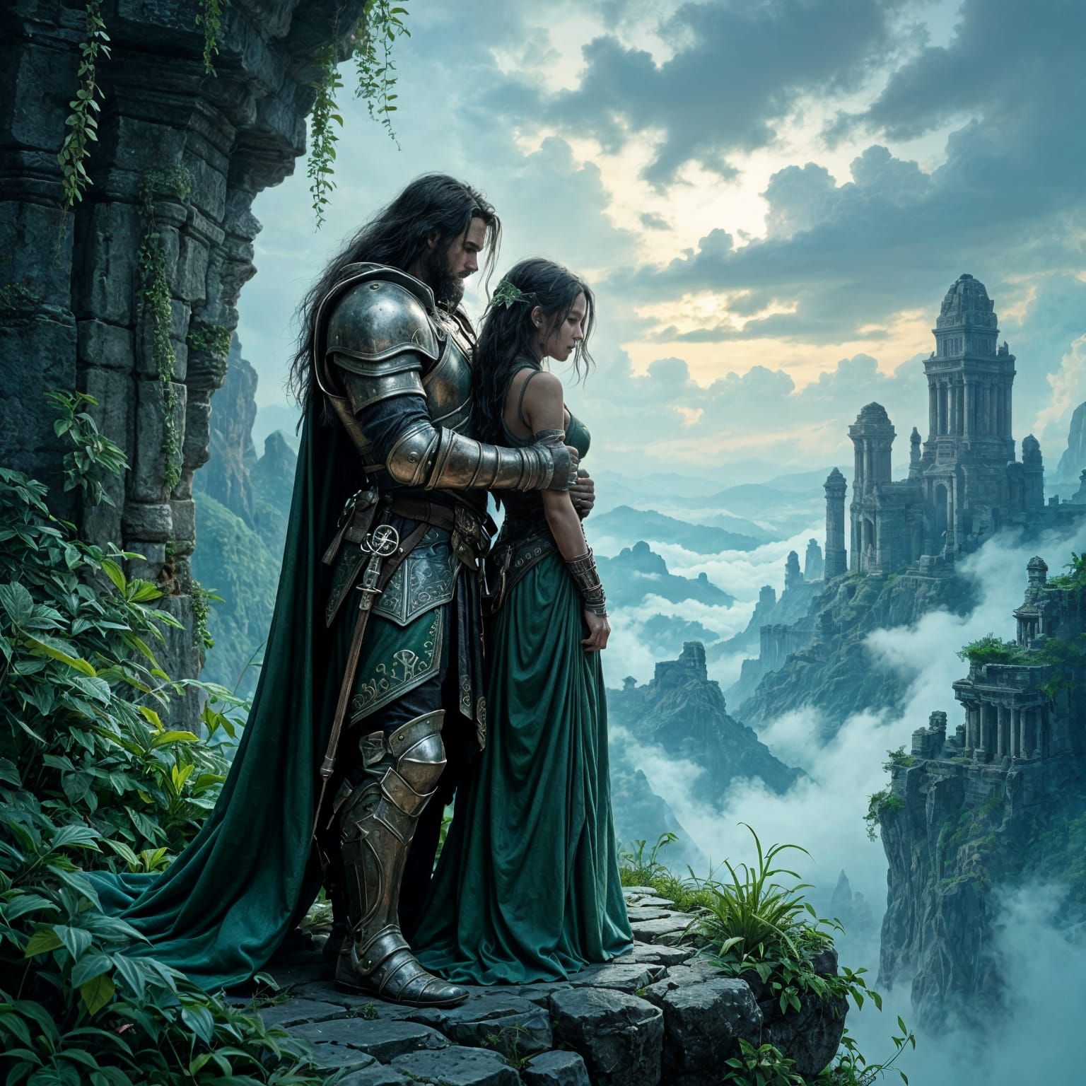 Fantasy Knight and Woman Overlooking Alien Jungle