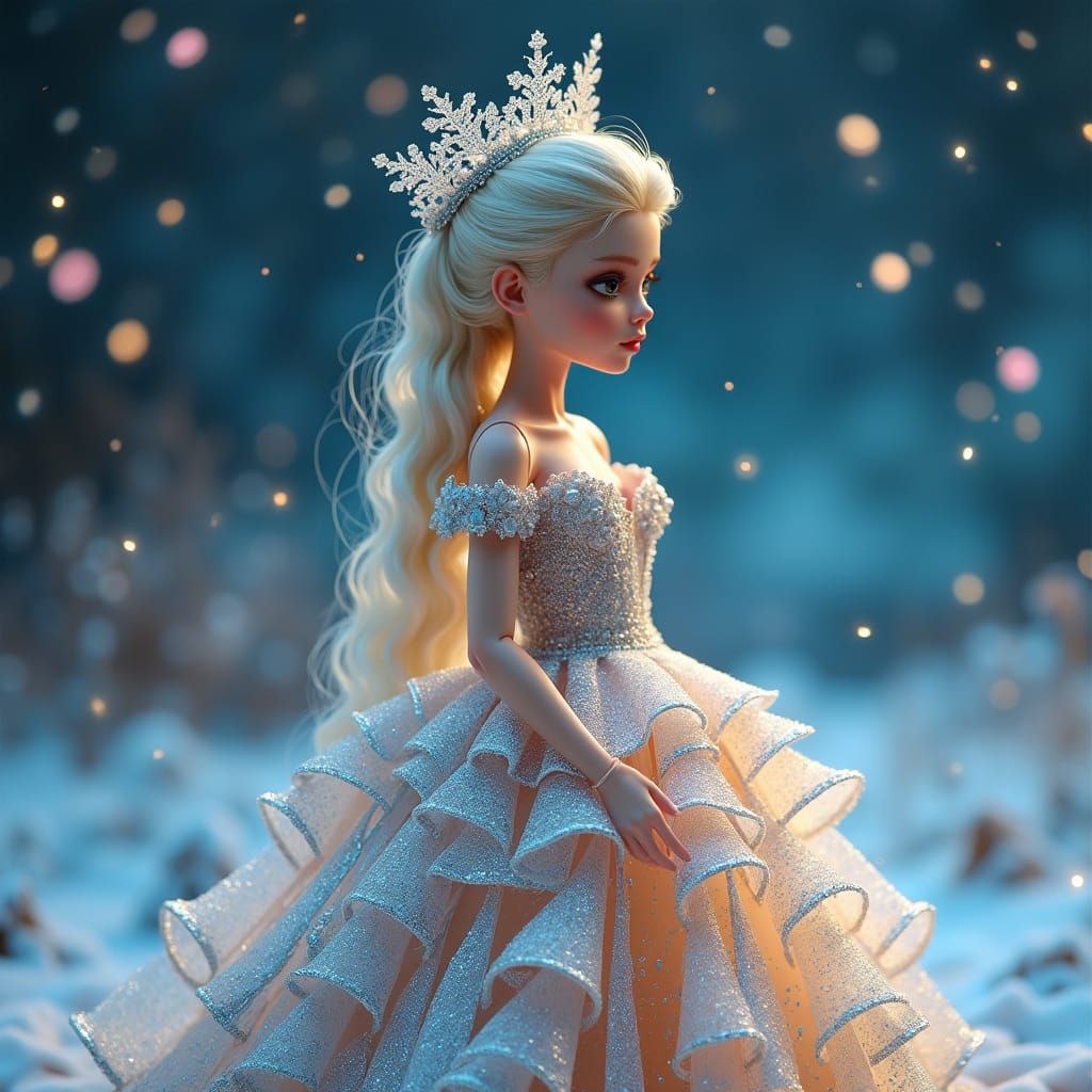 Glass Doll Portrait in Glittering Snowscape