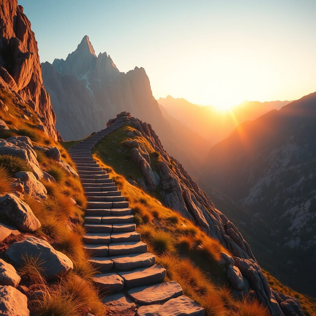Serene Mountain Sunset with Winding Stairs and Majestic Peak...