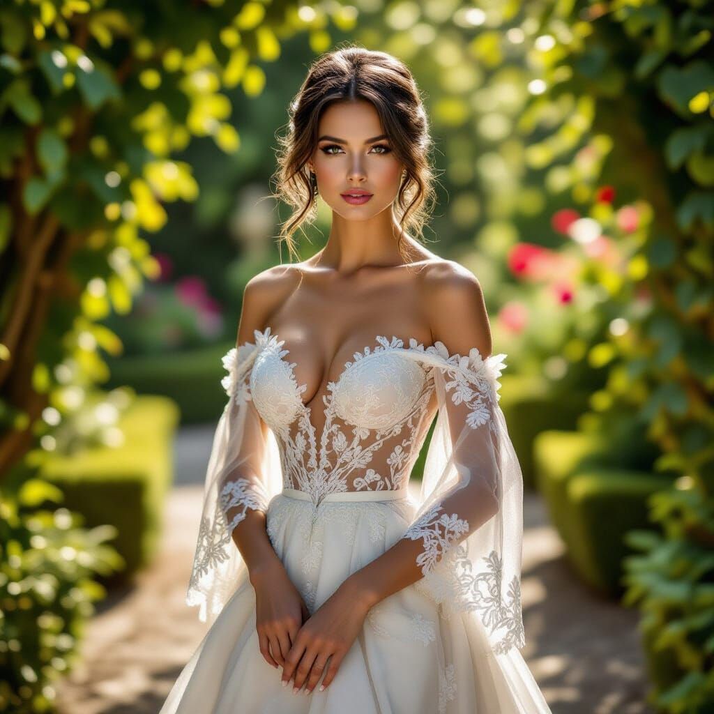 Mysterious Woman in Baroque Garden, Silk Lace Gown