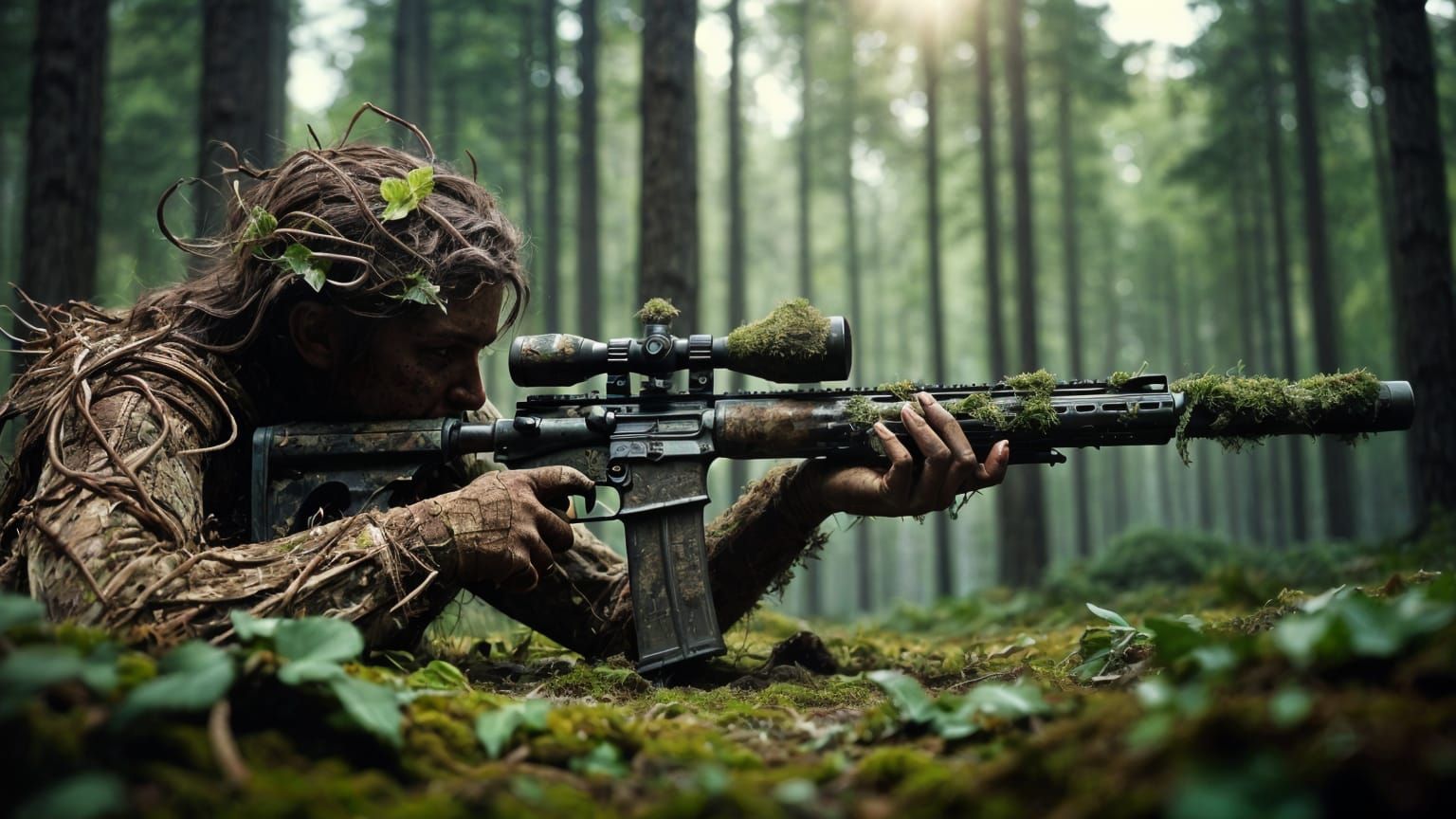 Camouflaged Sniper Blends Into Forest Environment