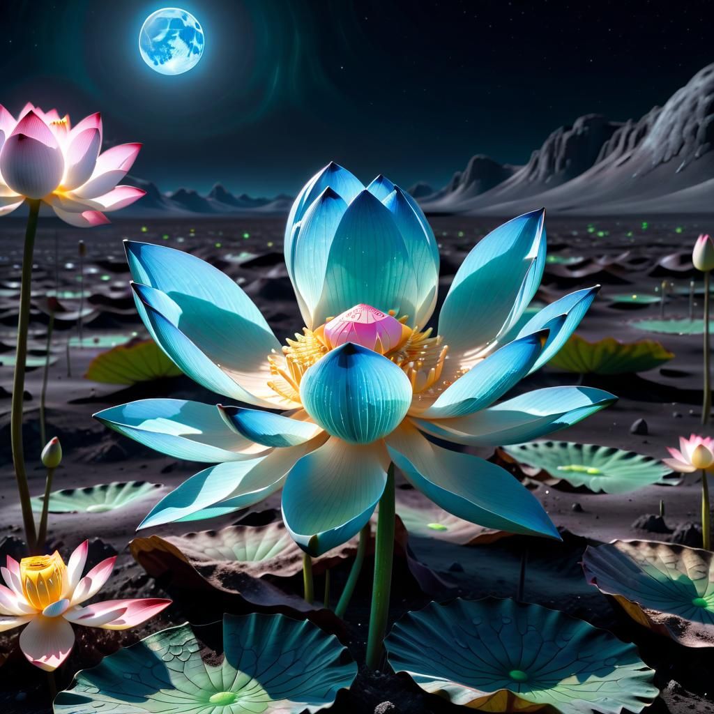 Bioluminescent Lotus Flower on the Moon in 3D